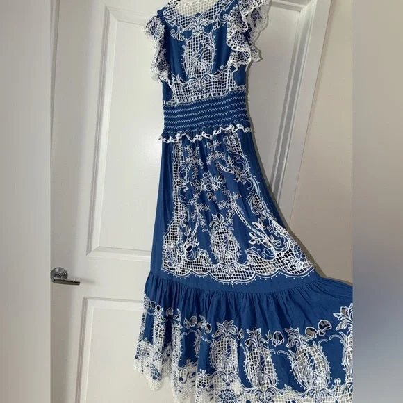 knee length dresses for ladies Blue Flower Richelieu Euroflax Premium Linen Midi Dress  FARM Rio